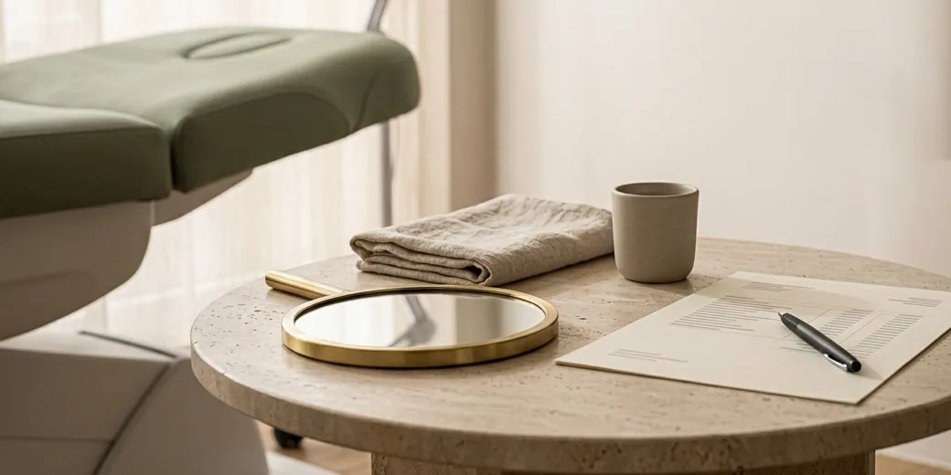 A hand mirror, a folded linen towel and a consultation form on a stone side table beside a sage treatment bed