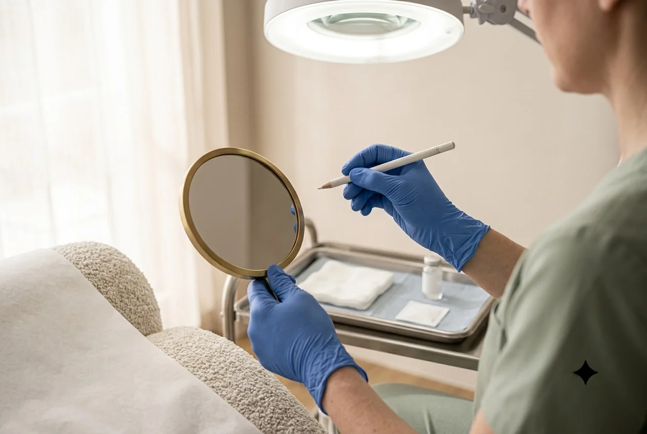 Gloved hands holding a white marking pencil and a small hand mirror beside a treatment chair and instrument tray