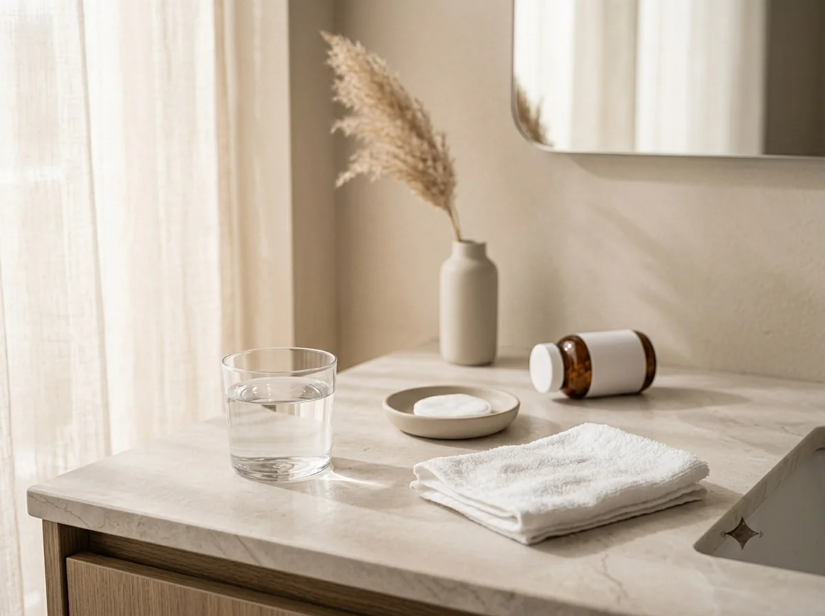 A glass of water, a cleansing pad in a dish and a folded washcloth on a marble vanity, with a capped supplement bottle set aside
