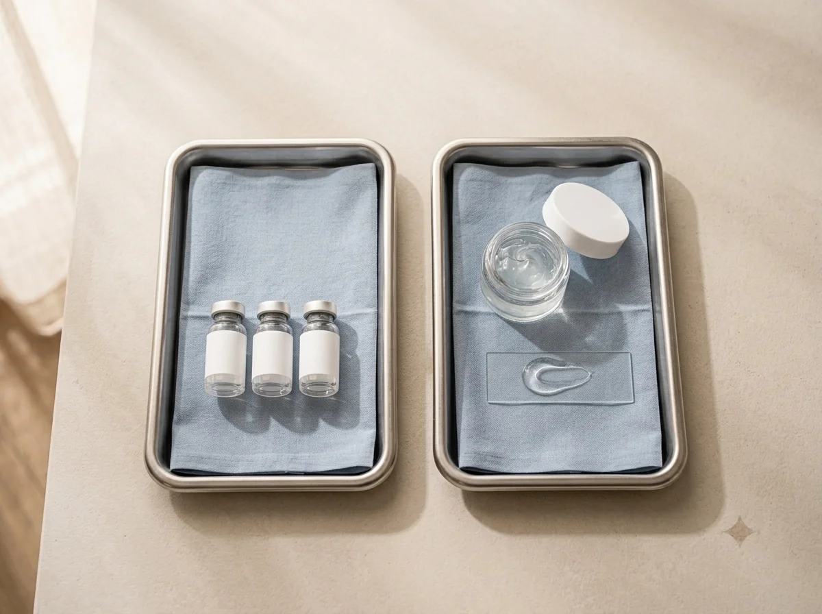 Two sterile trays side by side, one holding small unlabelled glass vials, the other a jar of clear gel with a swirl on a glass slide