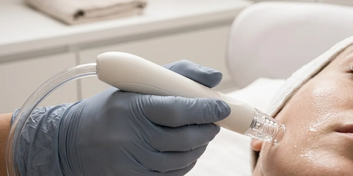 A gloved hand guiding a clear tipped vortex handpiece across the skin of a cheek during a facial treatment