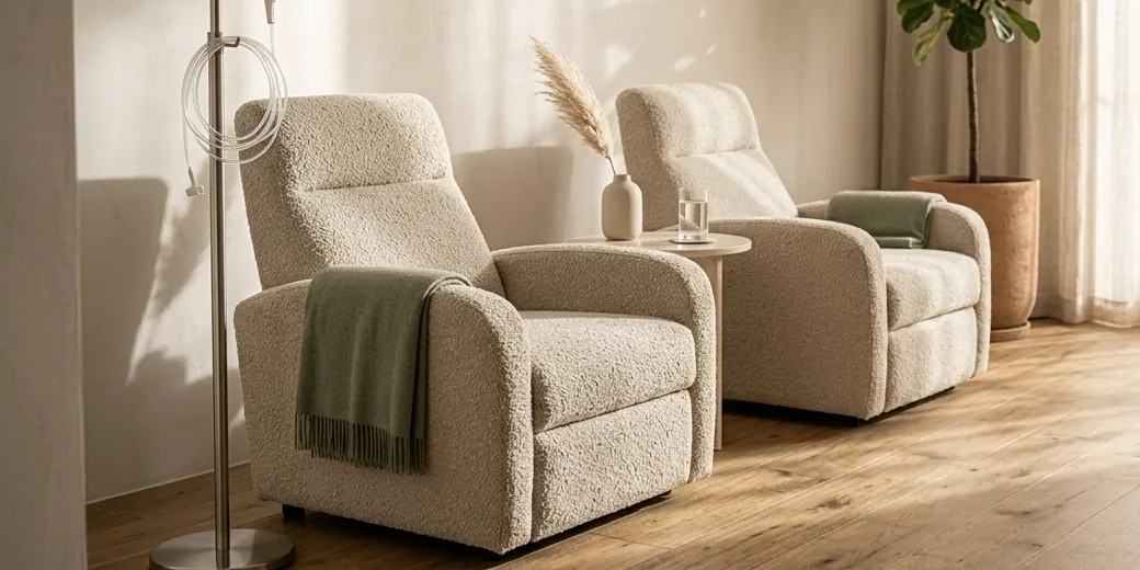 Two boucle recliners with folded throws in a sunlit clinic lounge, with an IV pole and a clear fluid bag beside one chair