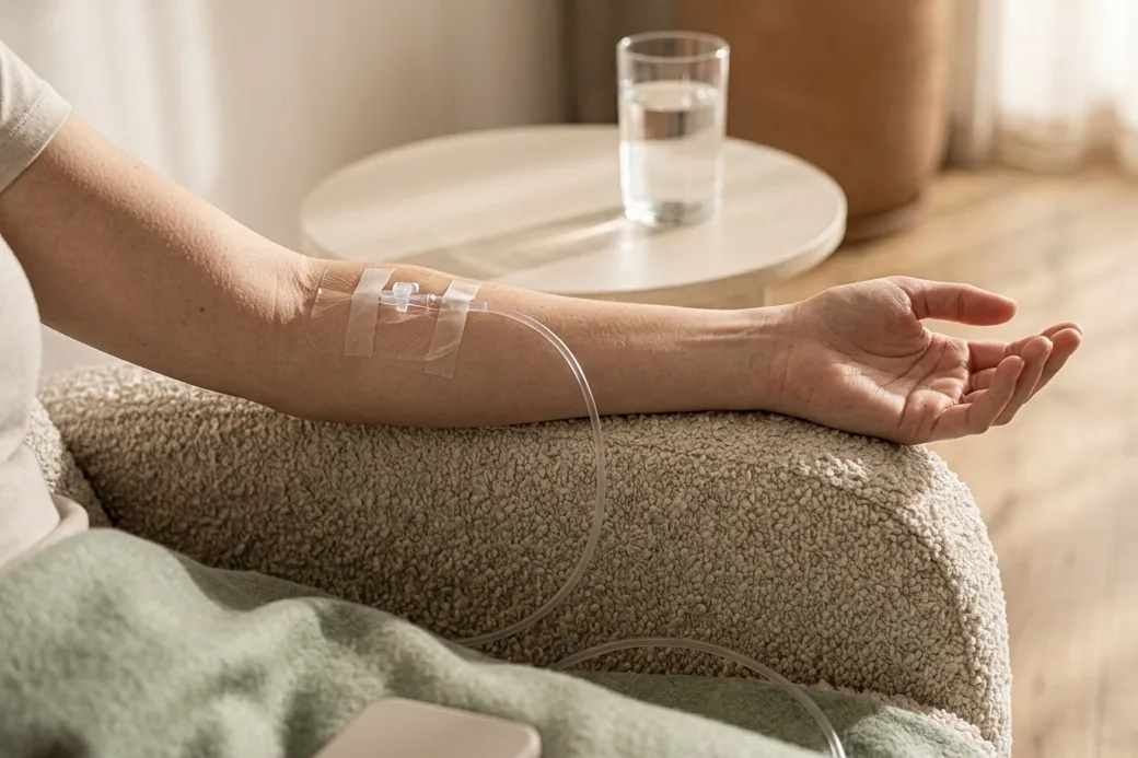 A forearm resting on a boucle recliner arm with a secured line under a clear dressing, a sage throw over the lap and a glass of water on a side table