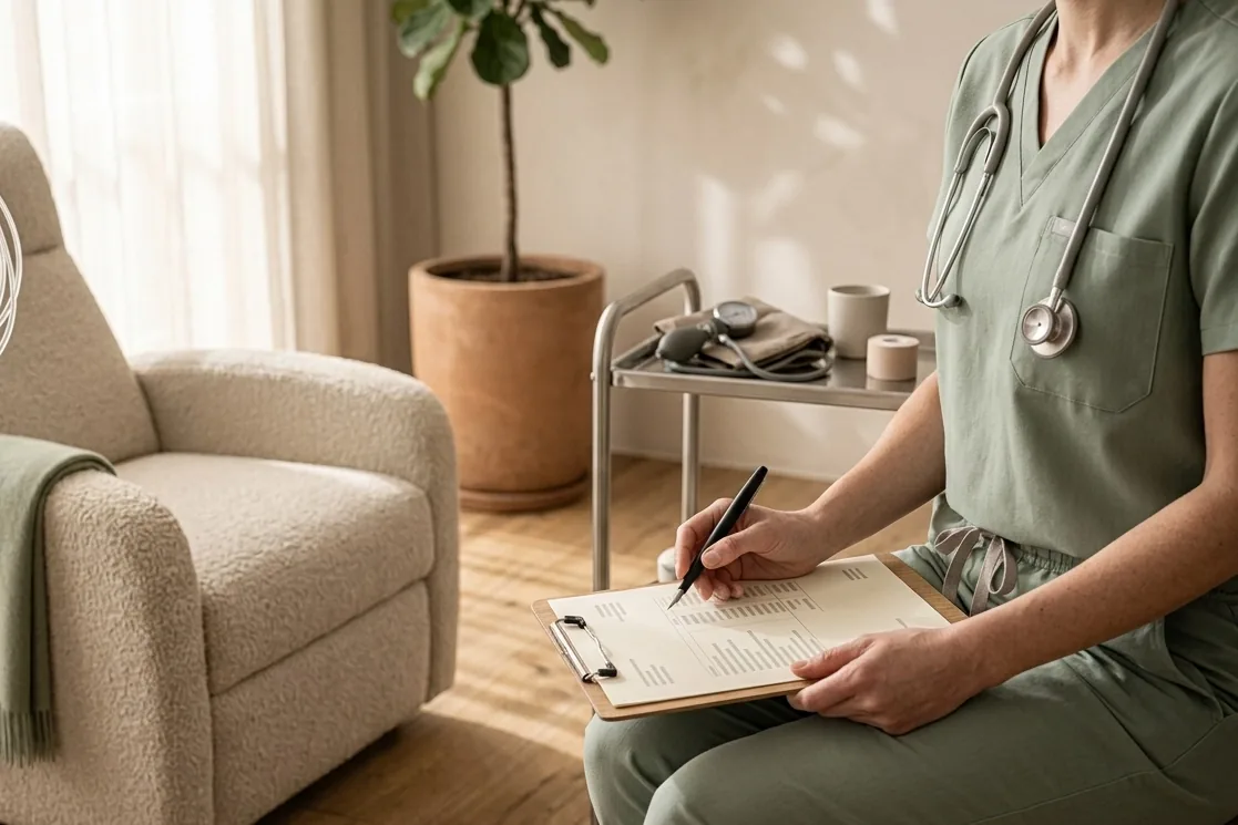 A clinician in sage scrubs seated beside an empty infusion chair, writing on an intake form on a clipboard