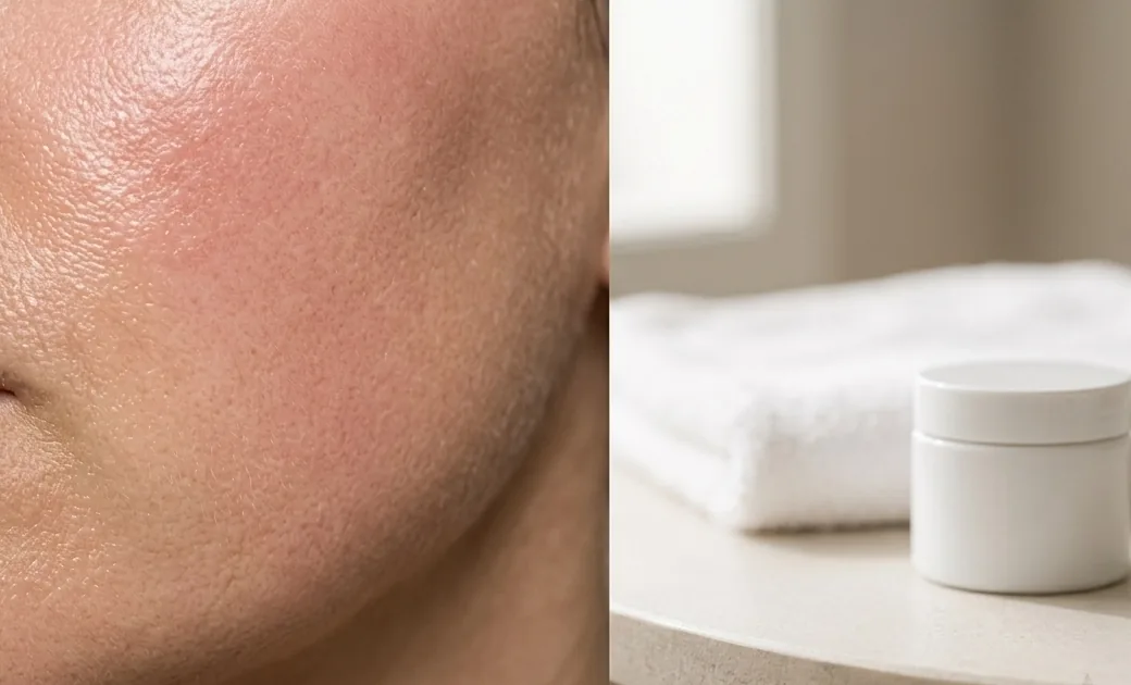 Close view of a cheek with an even pink flush the day after a microneedling session, next to a jar of recovery balm on a bathroom counter