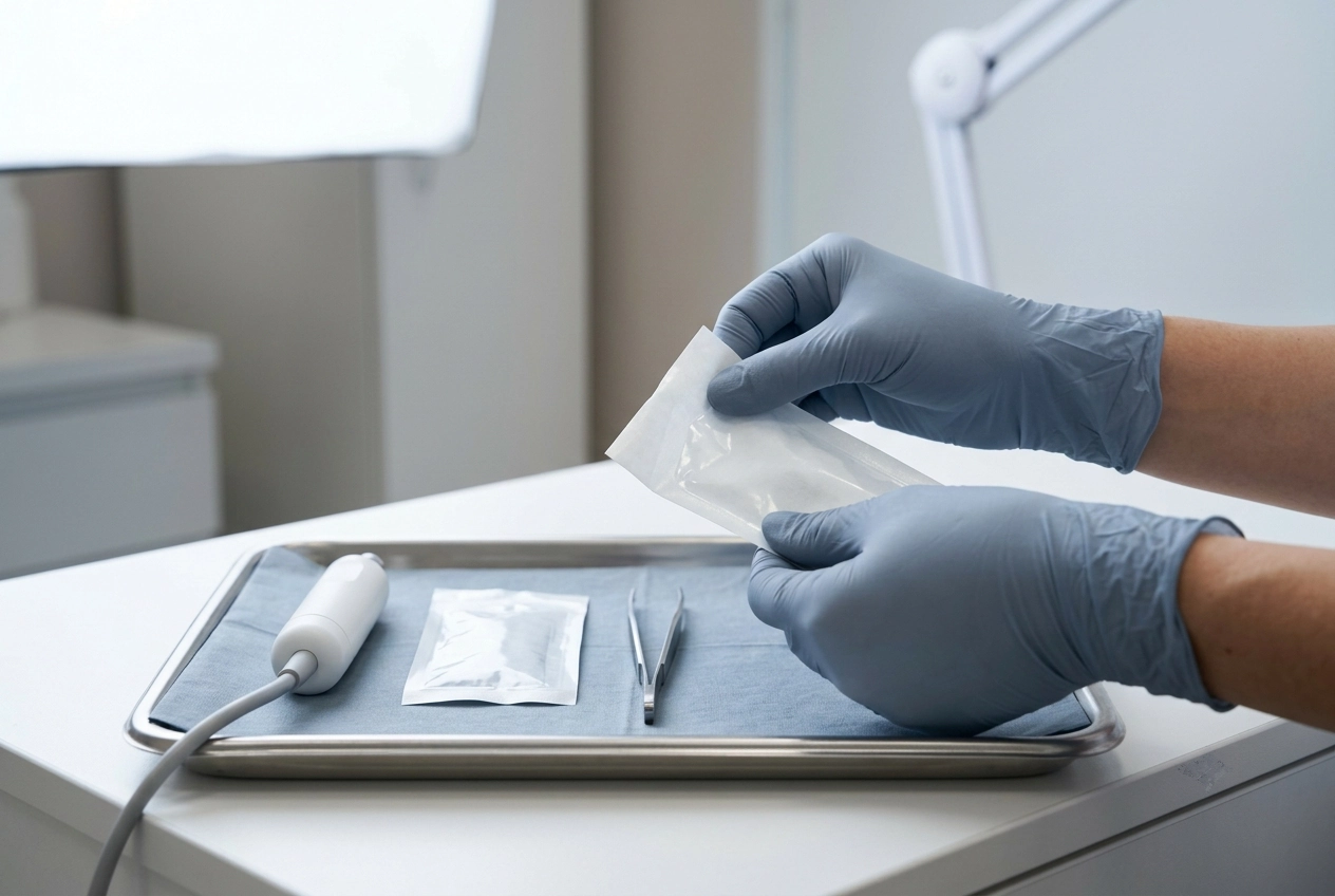 Gloved hands opening a sealed sterile package beside a covered instrument tray holding a handpiece and forceps